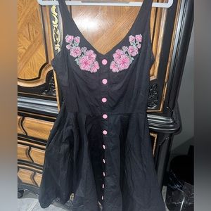 Hell Bunny A line button down dress with floral patches and pockets